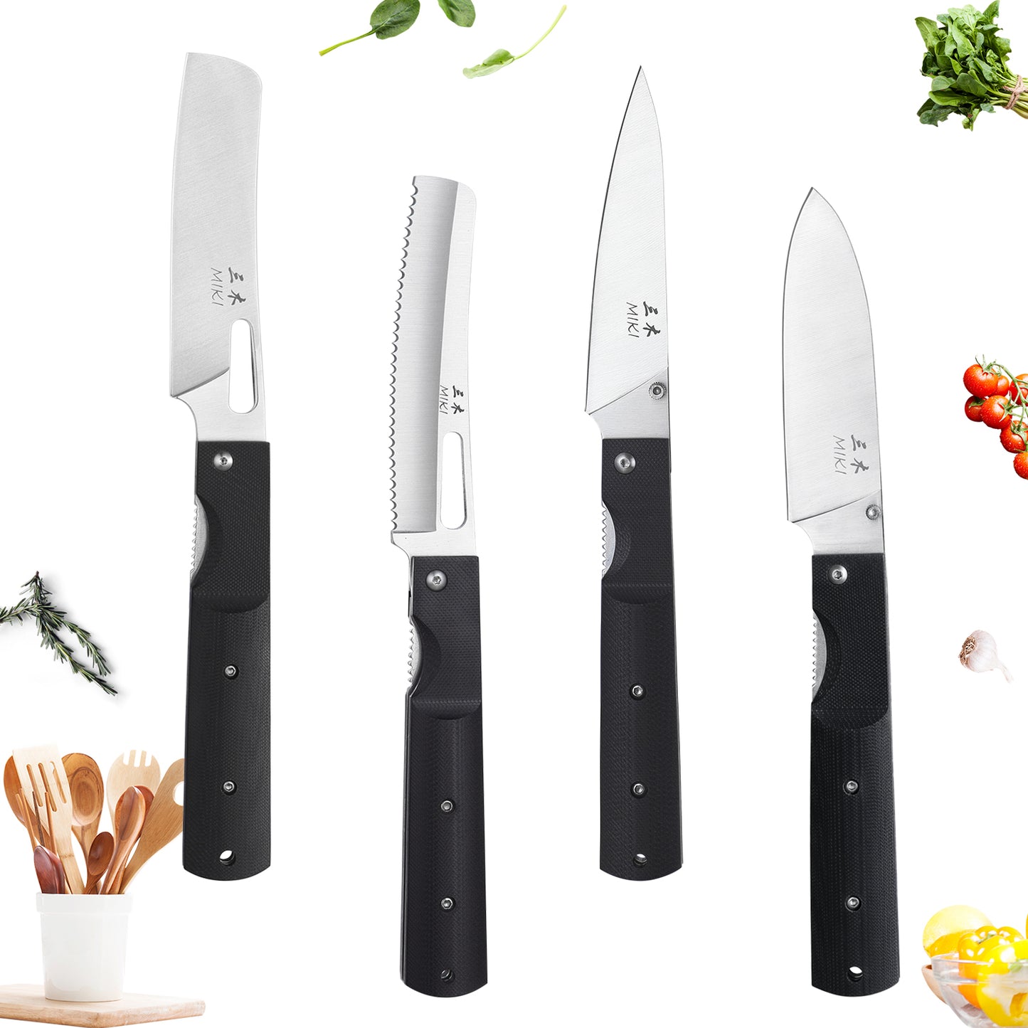 Miki 4 piece set 440A Stainless Steel Blade Japanese Kitchen Chef Folding Pocket Knife for Outdoor Camping Cooking