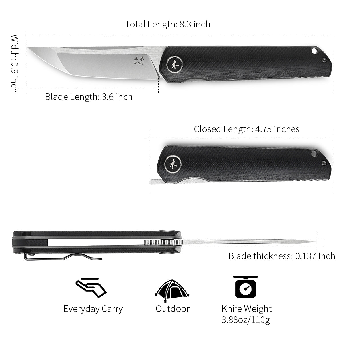 Miki Folding Knife Pocket Japanese Knife, G10 Handle, EDC Knife w/ D2 Steel Blade, Camping Outdoor Fishing And Everyday Carry, Pocket Samurai Folding Knife