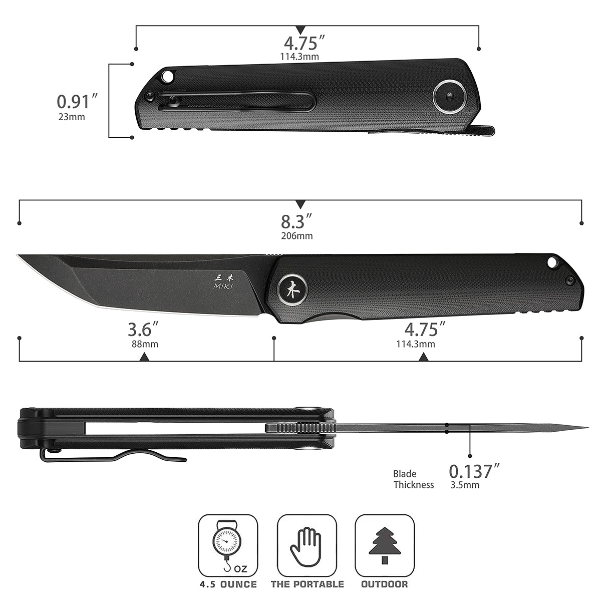 Miki Folding Pocket Knife,3.6-Inch Tanto D2 Plain Blade,G-10 Outdoor Camping Hiking Knife,Pocket Samurai Folding Knife,Unique Tool Gift for EDC Men Women