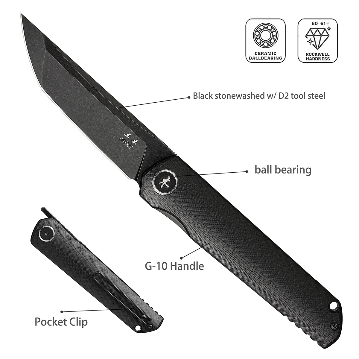 Miki Folding Pocket Knife,3.6-Inch Tanto D2 Plain Blade,G-10 Outdoor Camping Hiking Knife,Pocket Samurai Folding Knife,Unique Tool Gift for EDC Men Women