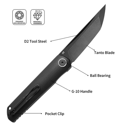 Miki Folding Pocket Knife,3.6-Inch Tanto D2 Plain Blade,G-10 Outdoor Camping Hiking Knife,Pocket Samurai Folding Knife,Unique Tool Gift for EDC Men Women