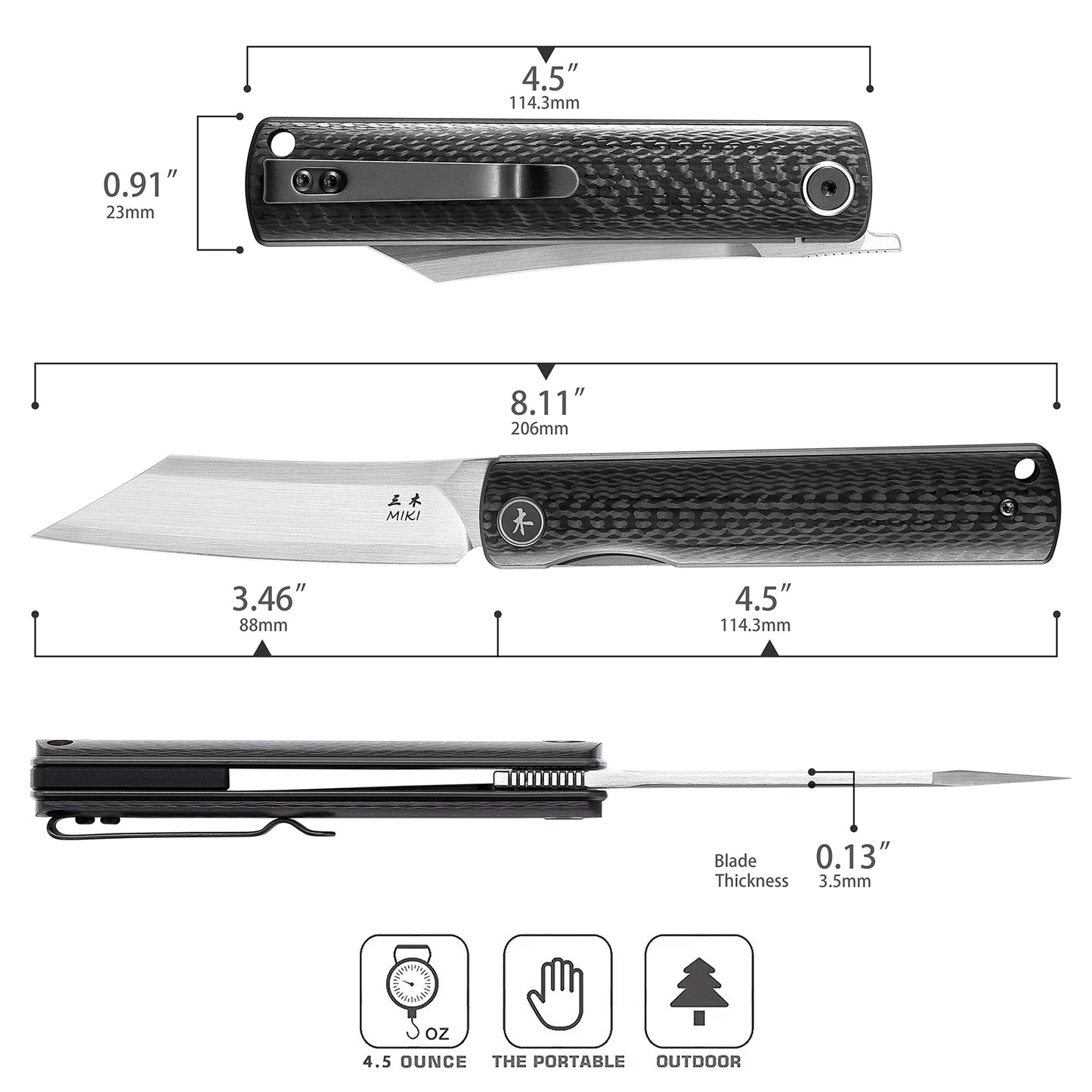 Miki Folding Pocket Japanese Knife, Carbon Fiber Handle, ZDP-189 Super Steel Blade, Pocket Clip, Ever yday Carry Camping EDC Knife