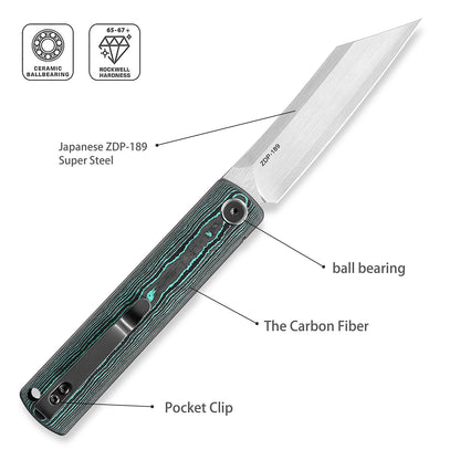 Miki Folding Pocket Japanese Knife, Carbon Fiber Handle Green, ZDP-189 Super Steel Cleaver Razor Blade, Pocket Clip, Ever yday Carry EDC Knife