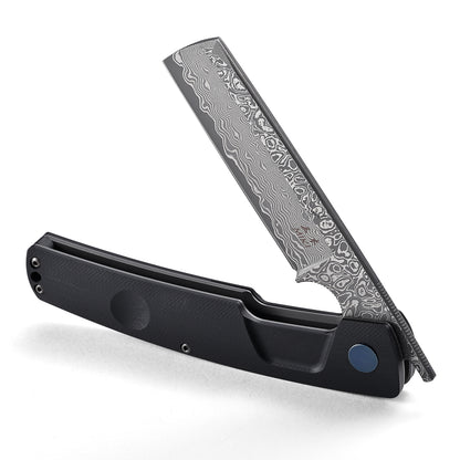 MIKI Pocket Japanese Razor Folding Knives for Men Linner Lock,3.9" Handmade Damascus steel Blade G-10 Handle EDC Knife with Pocket Clip for Men Women Camping Survival Hiking
