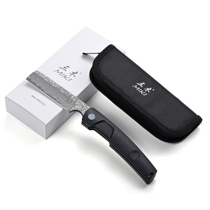 MIKI Pocket Japanese Razor Folding Knives for Men Linner Lock,3.9" Handmade Damascus steel Blade G-10 Handle EDC Knife with Pocket Clip for Men Women Camping Survival Hiking