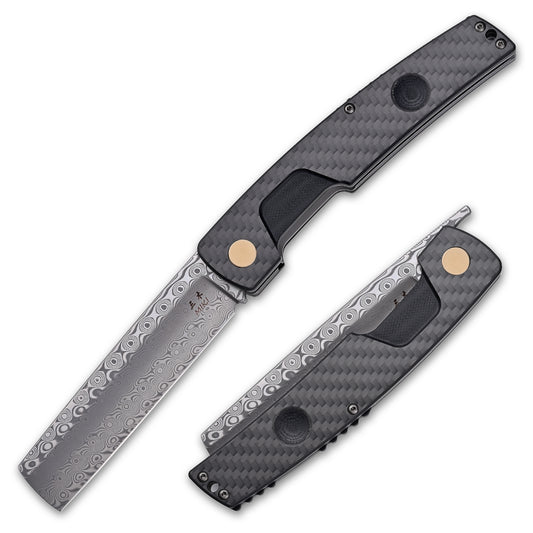 MIKI Folding Pocket Knife, 3.9" Handmade Damascus steel Blade Carbon Fiber Handle EDC Knife with Pocket Clip for Men Women Camping Survival Hiking