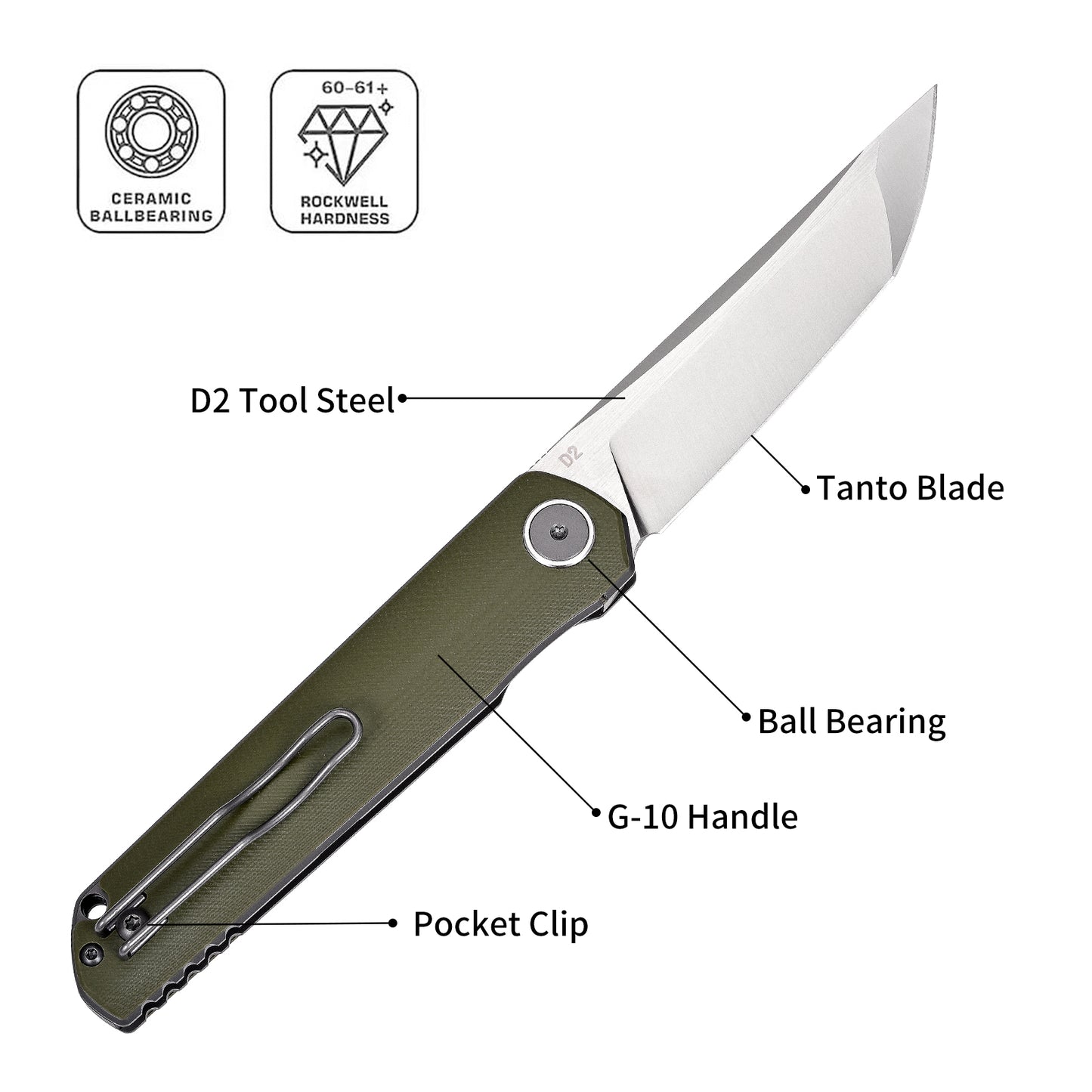 Miki EDC Pocket Knife, Sharp D2 Steel Blade Green G10 Handle, Folding Pocket Samurai Knives with Pocket Clip, Camping Hiking Pocket Knife for Men