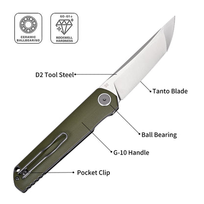 Miki EDC Pocket Knife, Sharp D2 Steel Blade Green G10 Handle, Folding Pocket Samurai Knives with Pocket Clip, Camping Hiking Pocket Knife for Men