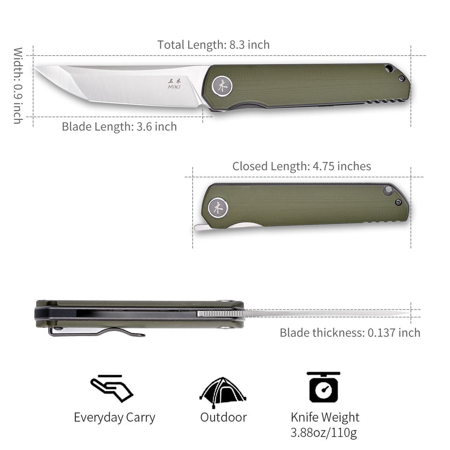 Miki EDC Pocket Knife, Sharp D2 Steel Blade Green G10 Handle, Folding Pocket Samurai Knives with Pocket Clip, Camping Hiking Pocket Knife for Men