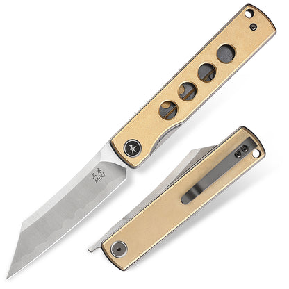 Miki Folding Pocket Japanese Knife, CNC-machined aluminum bronze Handle, Japanese SLD-MAGIC Steel Blade Pocket Clip, Ever yday Carry