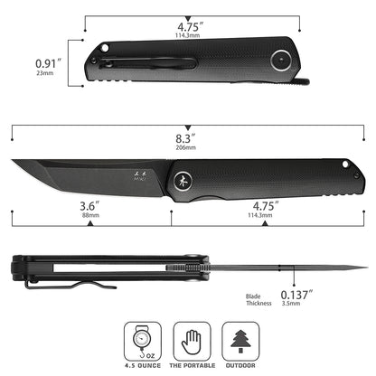 Miki Folding Pocket Knife,3.6-Inch Tanto D2 Plain Blade,G-10 Outdoor Camping Hiking Knife,Pocket Samurai Folding Knife,Unique Tool Gift for EDC Men Women