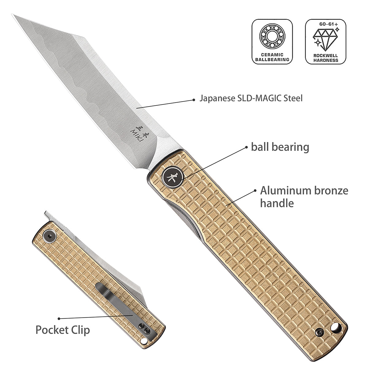 Miki Folding Pocket Japanese Knife, CNC-machined aluminum bronze Handle, Japanese SLD-MAGIC Steel Blade Super Steel Cleaver Razor Blade, Pocket Clip, Ever yday Carry EDC Knife