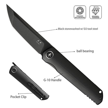 Miki Folding Pocket Knife,3.6-Inch Tanto D2 Plain Blade,G-10 Outdoor Camping Hiking Knife,Pocket Samurai Folding Knife,Unique Tool Gift for EDC Men Women