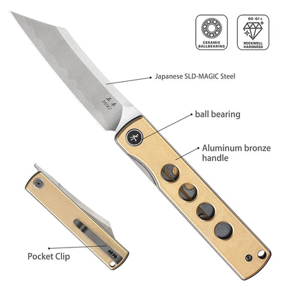 Miki Folding Pocket Japanese Knife, CNC-machined aluminum bronze Handle, Japanese SLD-MAGIC Steel Blade Pocket Clip, Ever yday Carry