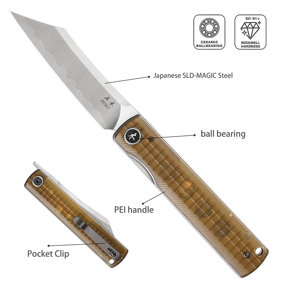 MIKI Folding Pocket Japanese Knife, PEI Handle，Japanese SLD-MAGIC Steel Blade, Pocket Clip,Camping Hiking Knives, Every day Carry EDC Knife